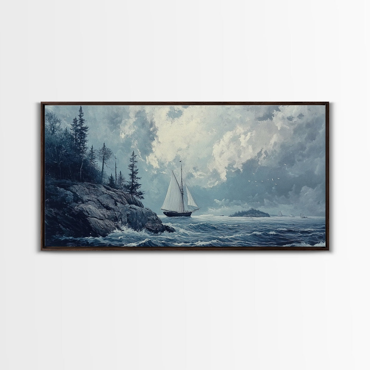 Pirate Ship Off The Coast, Framed Canvas Print, Wood Framed Art, Nautical Decor, Sailboat Painting