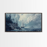 Pirate Ship Off The Coast, Framed Canvas Print, Wood Framed Art, Nautical Decor, Sailboat Painting