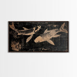 Black and White Koi Fish Oil Painting Print, Elegant Japanese Style Wood Block Print Artwork, Canvas Print Ready To Hang, Centerpiece Art