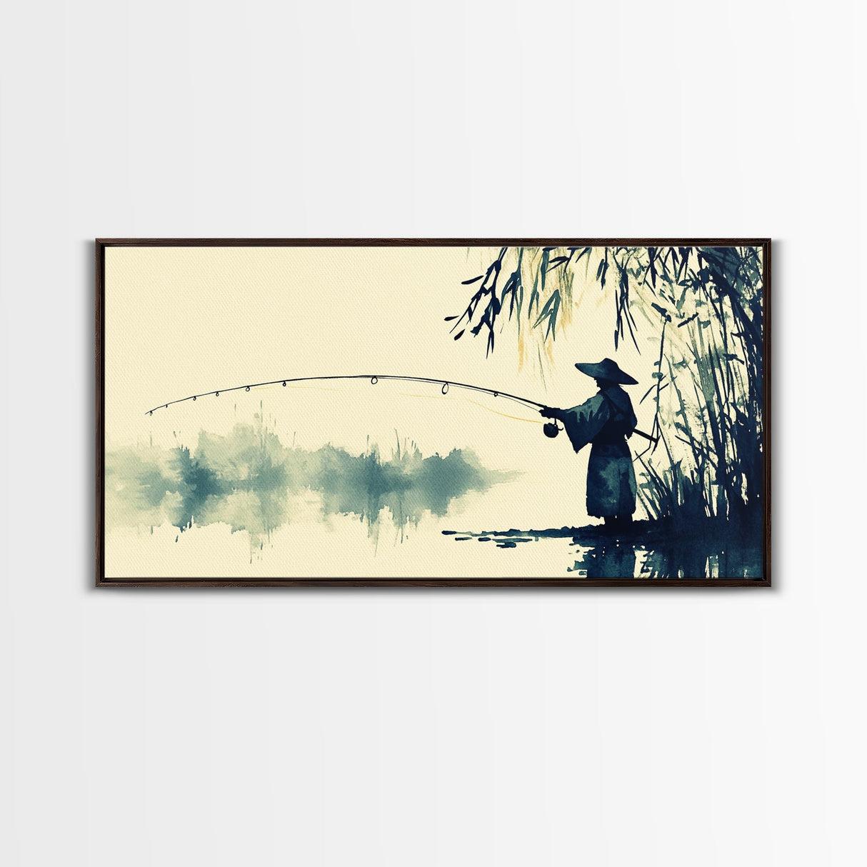 Watercolor Painting Print of a Fisherman - Elegant Japanese Style Artwork - Framed Canvas Print Ready to Hang - Coastal Wall Art - Fishing Gift