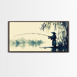 Watercolor Painting Print of a Fisherman - Elegant Japanese Style Artwork - Framed Canvas Print Ready to Hang - Coastal Wall Art - Fishing Gift