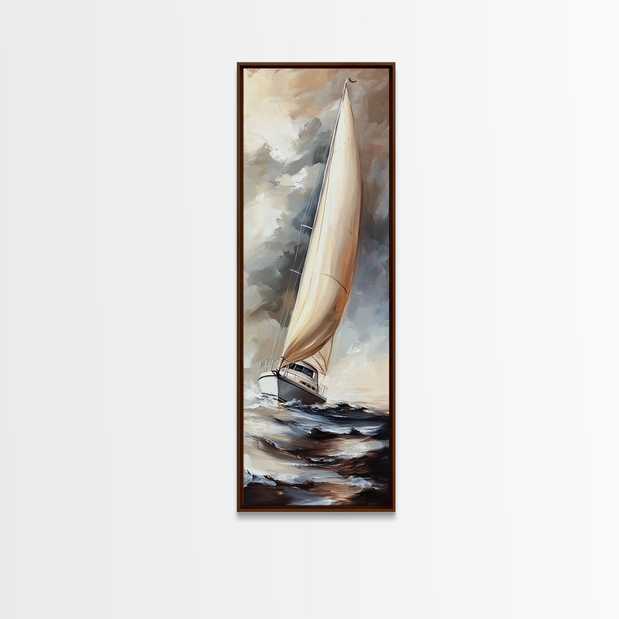 Sailboat painting nautical decor framed canvas print, classic coastal wall art, sailing scene with ocean waves, above bed living room art