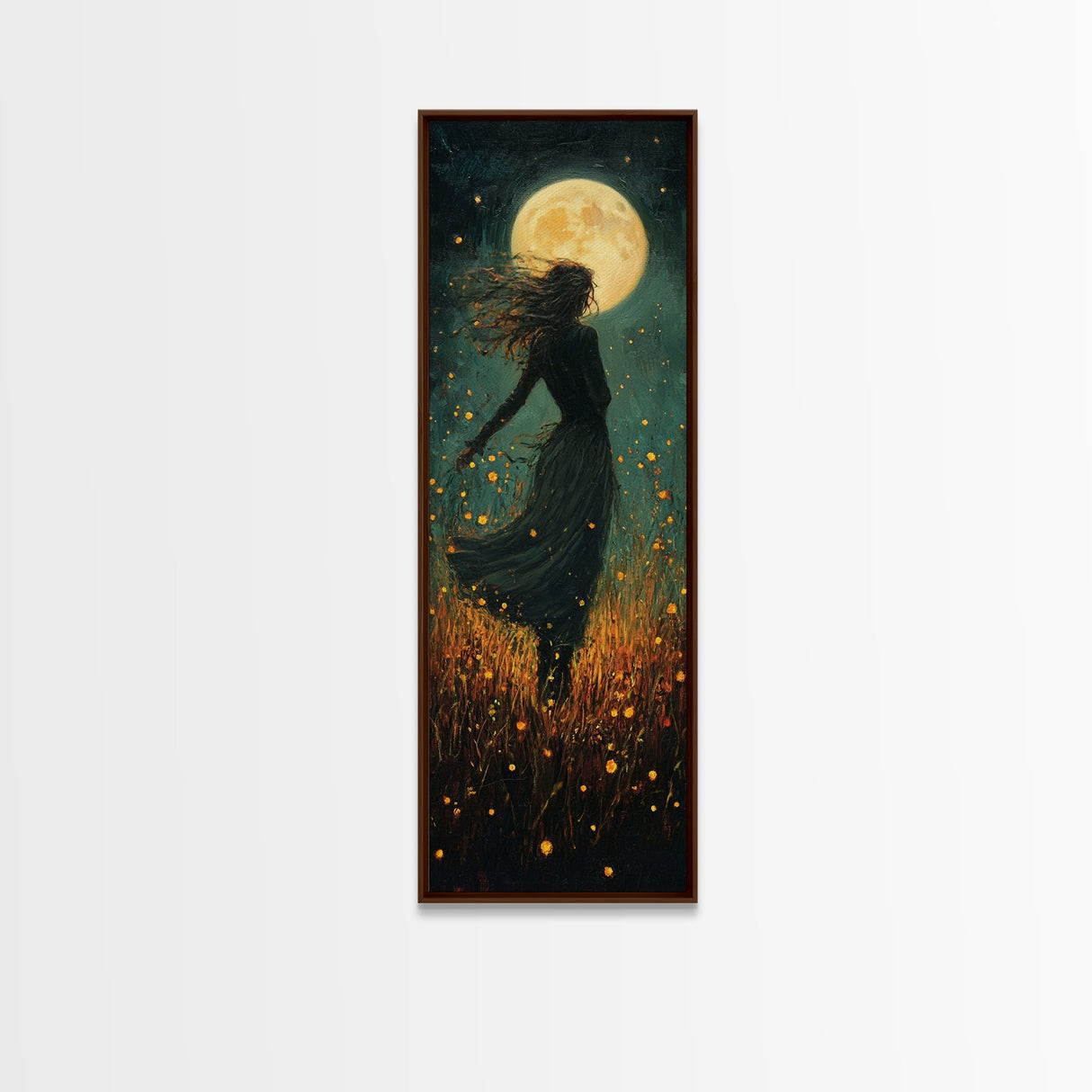Moonlight goddess painting mystical framed canvas print, ethereal night scene, boho wall art, spiritual bedroom decor, wildflower moon art