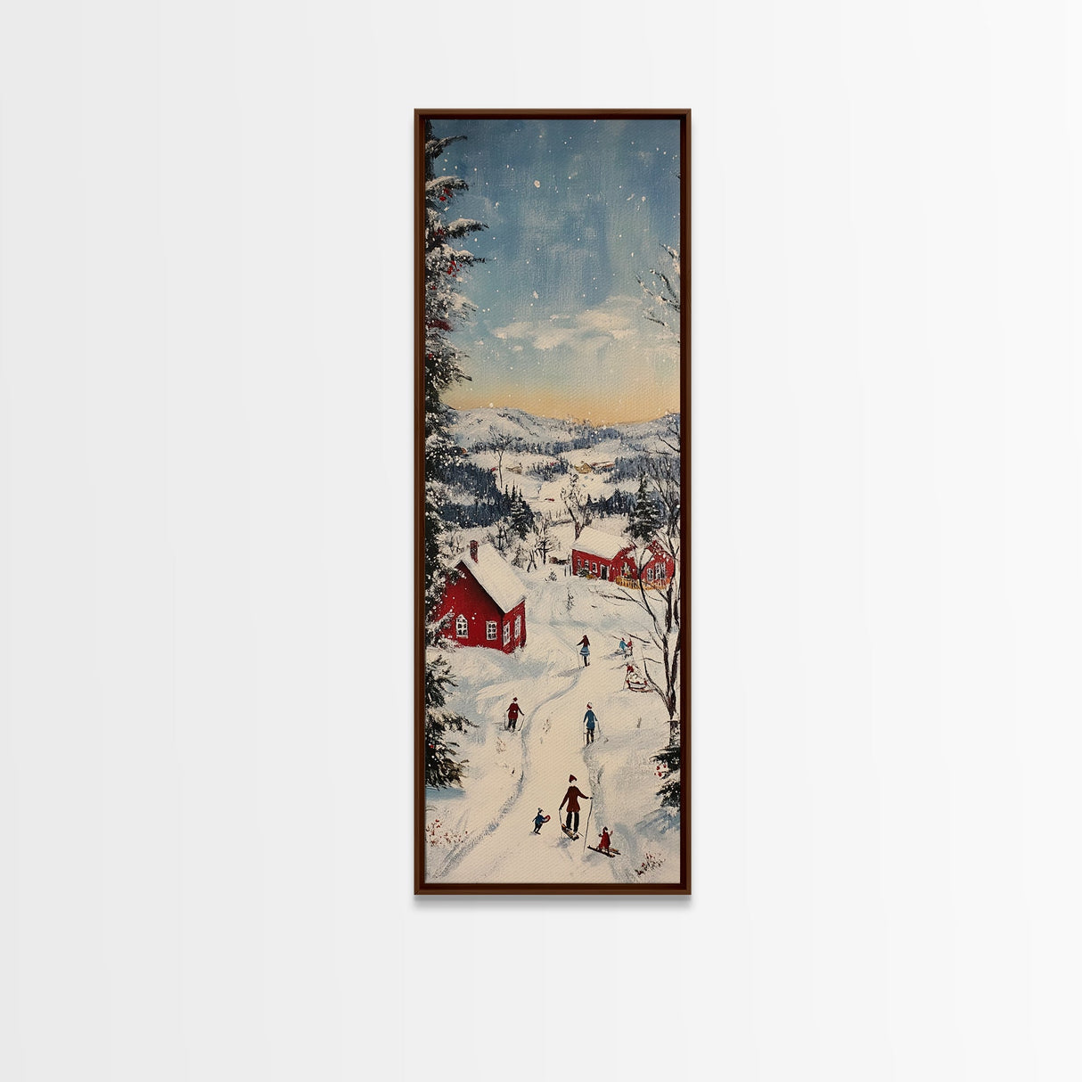 Snowy village painting peaceful Christmas scene framed canvas print, winter wonderland town, cozy holiday decor wall art gift idea