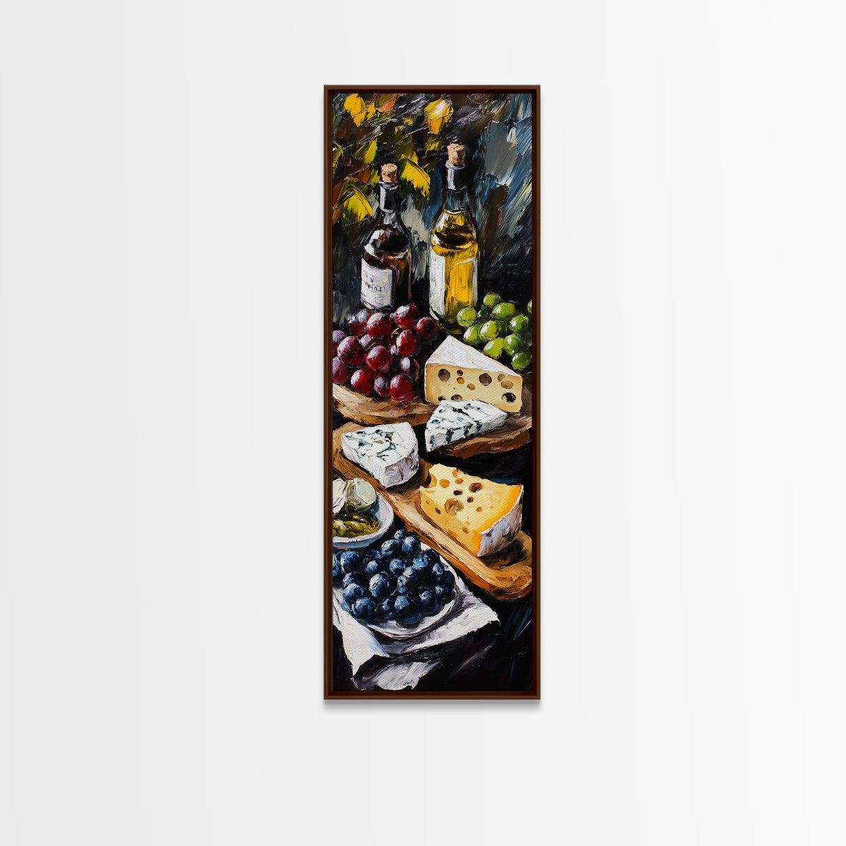 Framed Canvas Print Cheese and Wine Scene Painting Kitchen Wall Art Farmhouse Decor Rustic Art Culinary Print