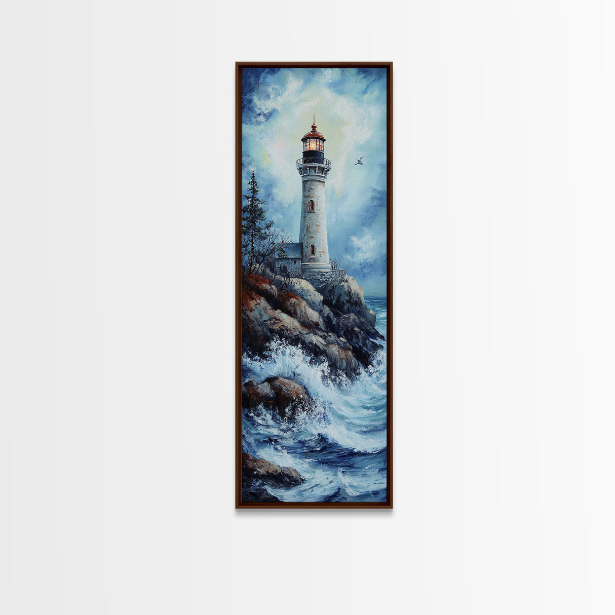 Framed Canvas Print Lighthouse Coastal Decor Nautical Painting Moody Art Ideal Tall Skinny Wall Art Living Room Above Sofa Coastal Painting