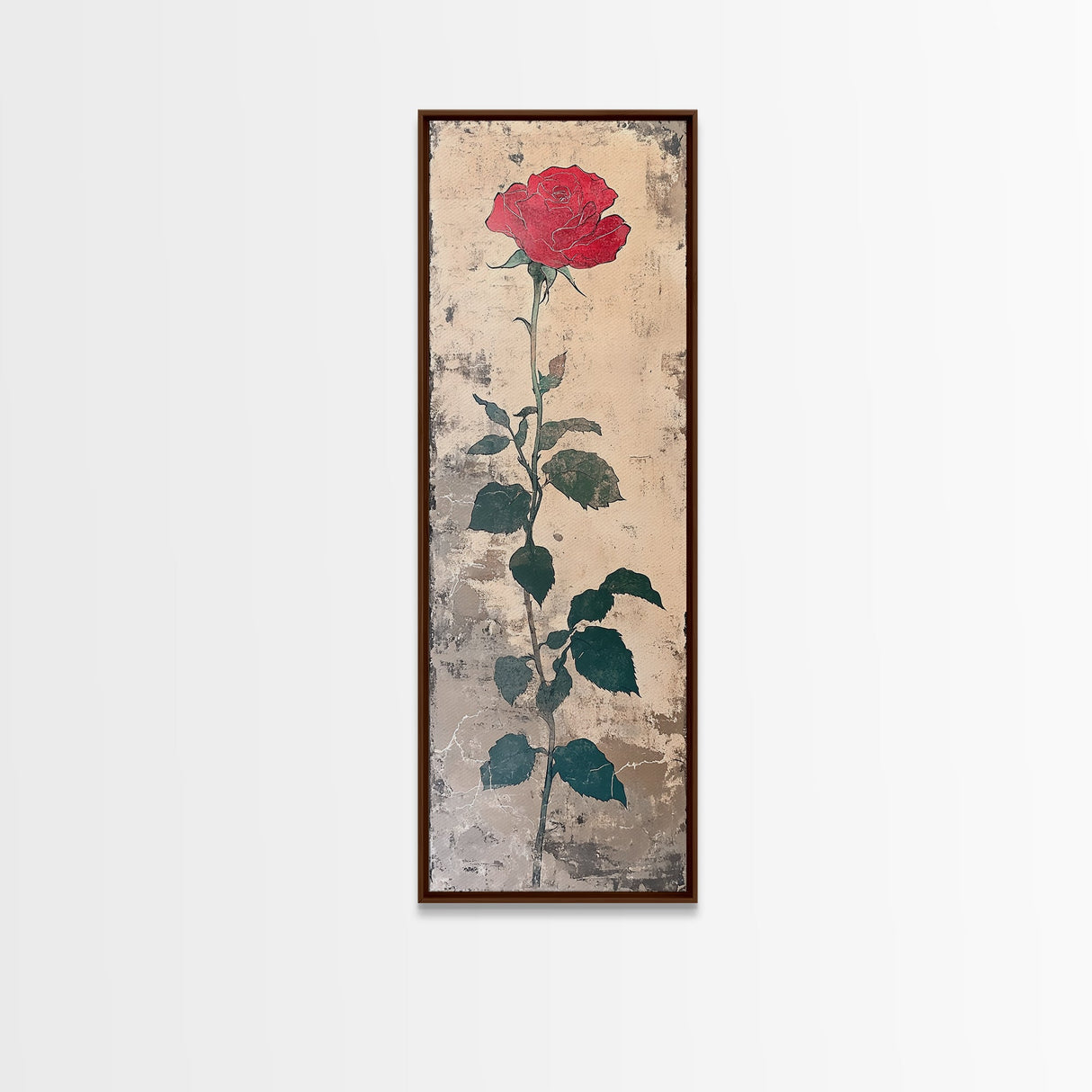 Red Rose Art Print Canvas Print, Japanese Inspired Rose Painting, Long Narrow Wall Art, Tall Skinny Art, Framed Canvas Print, Boho Wall Art