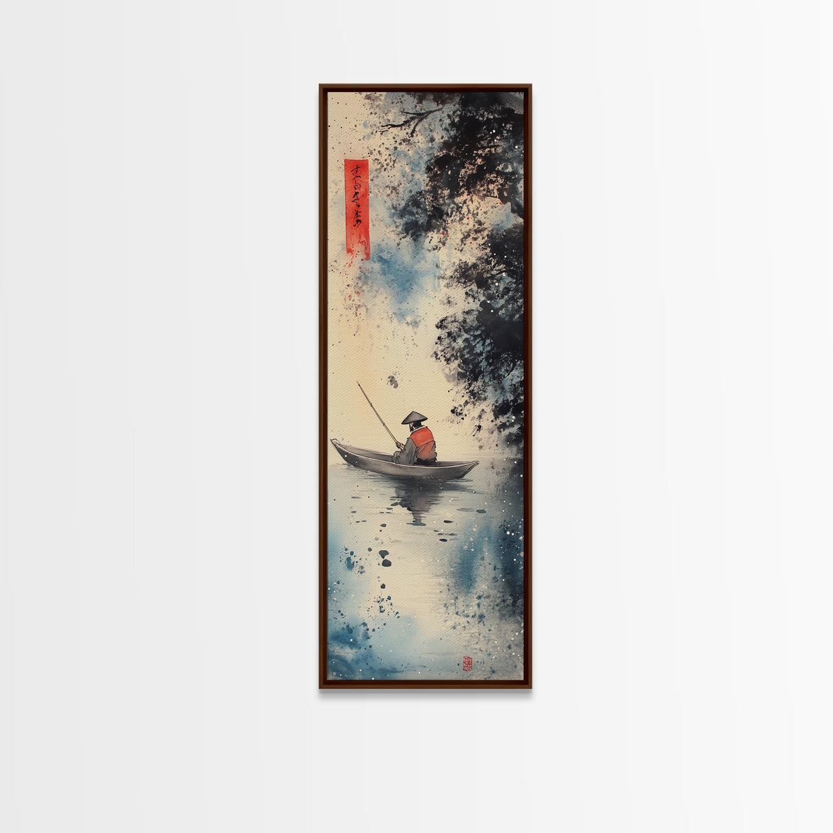 Fisherman in Boat Painting Canvas Print, Japanese Fishing Scene, Coastal Wall Art, Nautical Decor, Tall Narrow Art, Framed Canvas Print, Coastal Decor