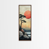 Japanese Landscape with Sunset Canvas Print, Red Sun Over Mountains, Minimalist Nature Art, Coastal Wall Art, Framed Canvas Print, Boho Decor