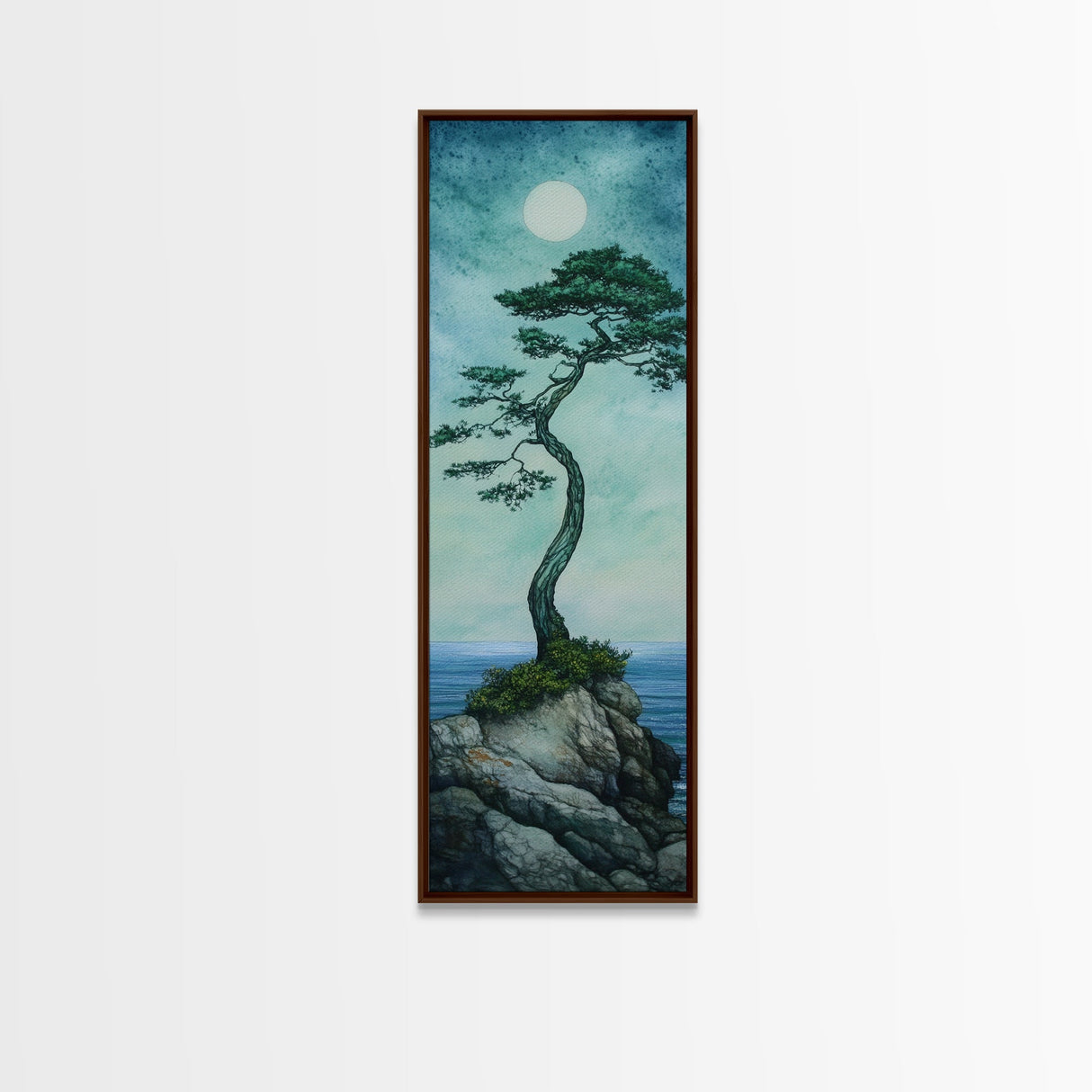 Framed Canvas Print Nautical Decor Moon Oil Painting Calm Blue Tones Above Bed Wall Art Nautical Art Coastal Decor Bedroom Wall Accent
