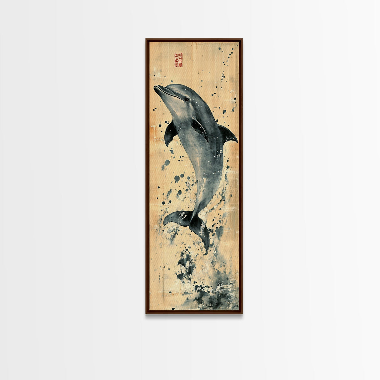 Framed Canvas Print Rustic Dolphin Art Coastal Decor in Nautical Theme, Minimalist Coastal Wall Art, Beach Living Room or Guest Room Decor