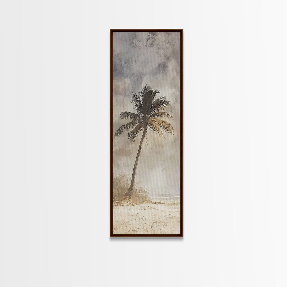 Framed Canvas Print Moody Palm Tree Painting, Coastal Landscape Art, Wabi Sabi Art, Above Sofa Wall Decor, Rustic Beach Scene Print