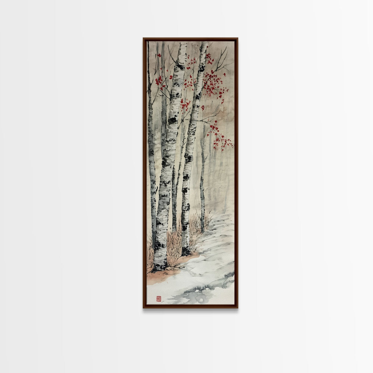 Winter Birch Forest Canvas Print – Wabi Sabi Art, Skinny Wall Art, Moody Winter Scene, Birch Tree Painting, Minimalist Art, Bedroom Wall Decor