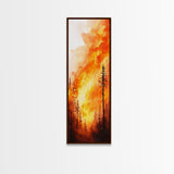 Sunset Blaze in Forest Framed Canvas Print – Dramatic Wall Art, Fiery Forest, Moody Scene, Rustic Decor, Living Room Art, Tall Narrow Art