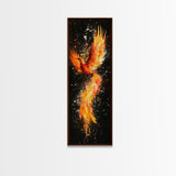 Fiery Phoenix Illustration on Black Canvas, Framed Art Option, Mystical Wall Art for Living Room, Tall Narrow Wall Decor, Mythological Art
