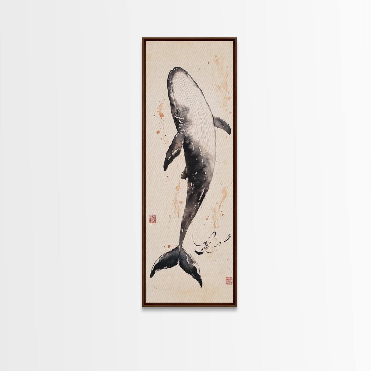 Minimalist Whale Ink Art Depicting Graceful Humpback Whale – Elegant Black and White Framed Canvas Print for Nautical or Coastal Decor