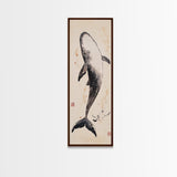 Minimalist Whale Ink Art Depicting Graceful Humpback Whale – Elegant Black and White Framed Canvas Print for Nautical or Coastal Decor