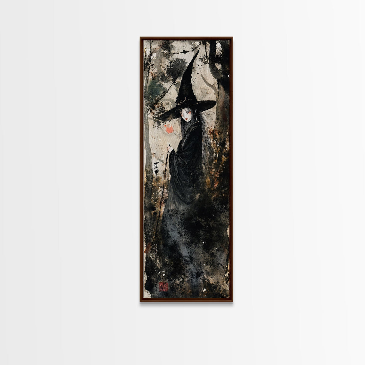 Enchanting Witch in Red Accents Painting - Framed Canvas Print for Gothic Wall Art, Witchy Decor, Halloween Gothic Art, Unique Wall Decor