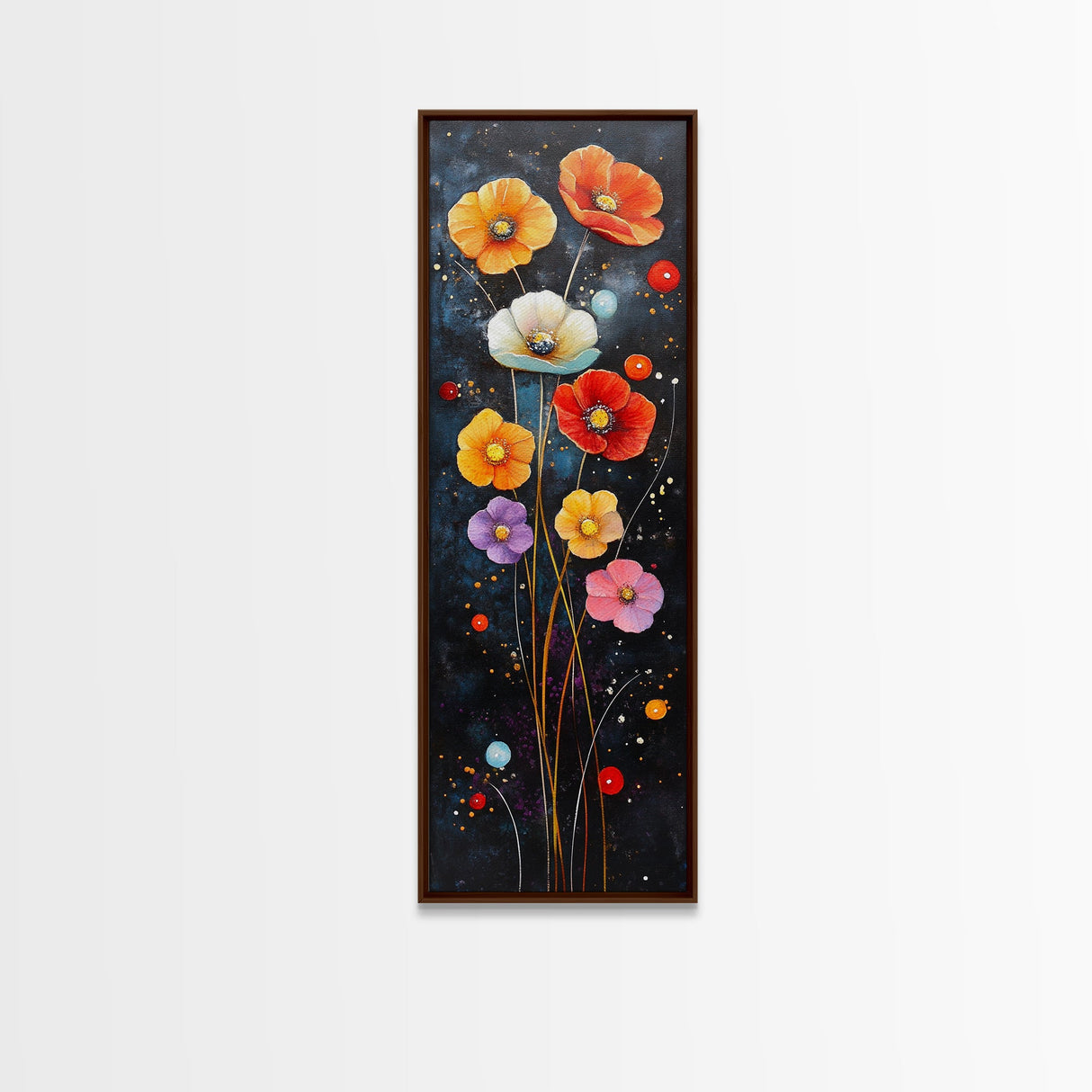 Abstract Poppy Garden Scene - Framed Canvas Print Showcasing Whimsical Florals on Dark Blue Background for Moody Decor