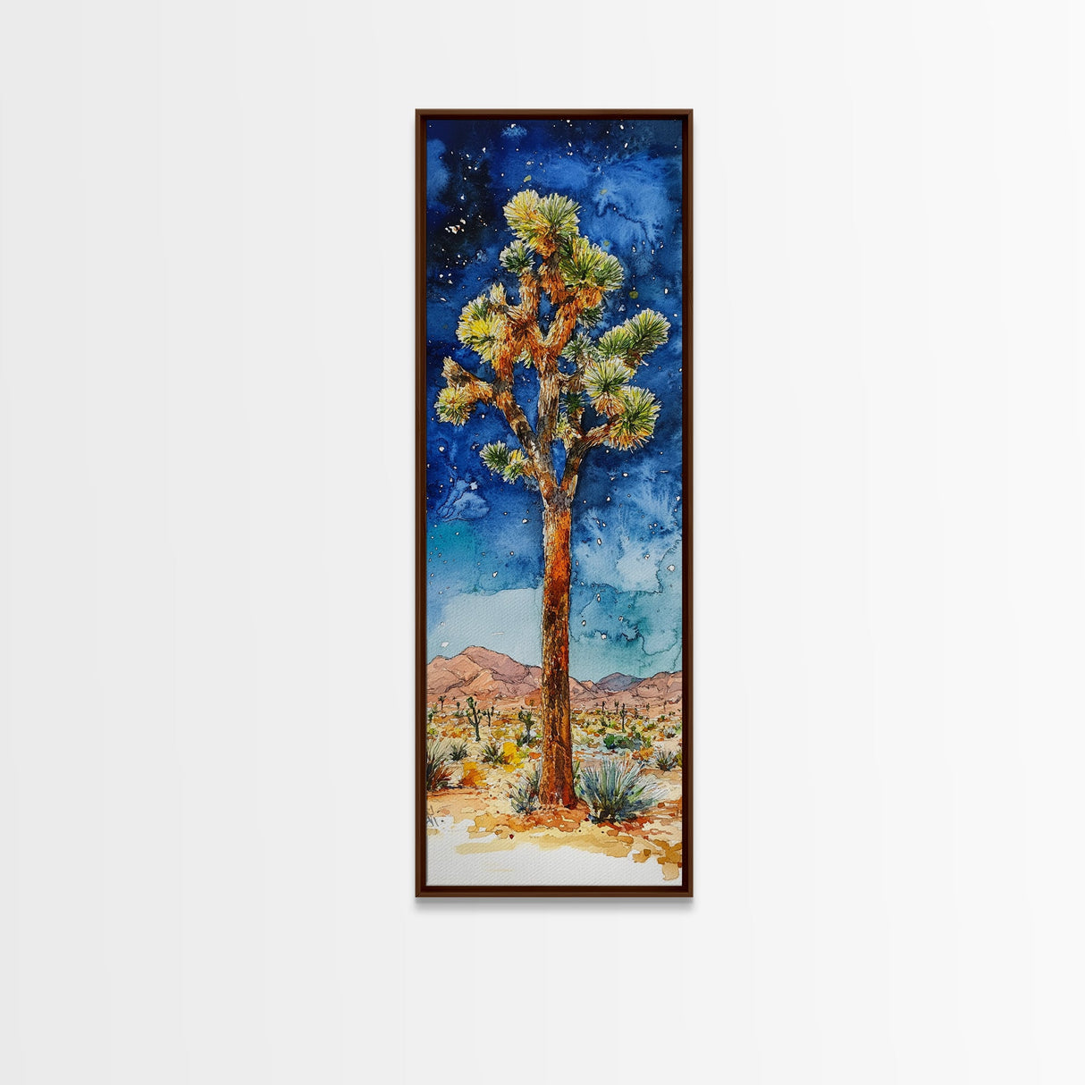 Joshua Tree Under a Starry Night Sky, Framed Canvas Print, Watercolor Landscape Painting Print, Southwestern Wall Art, Farmhouse Painting