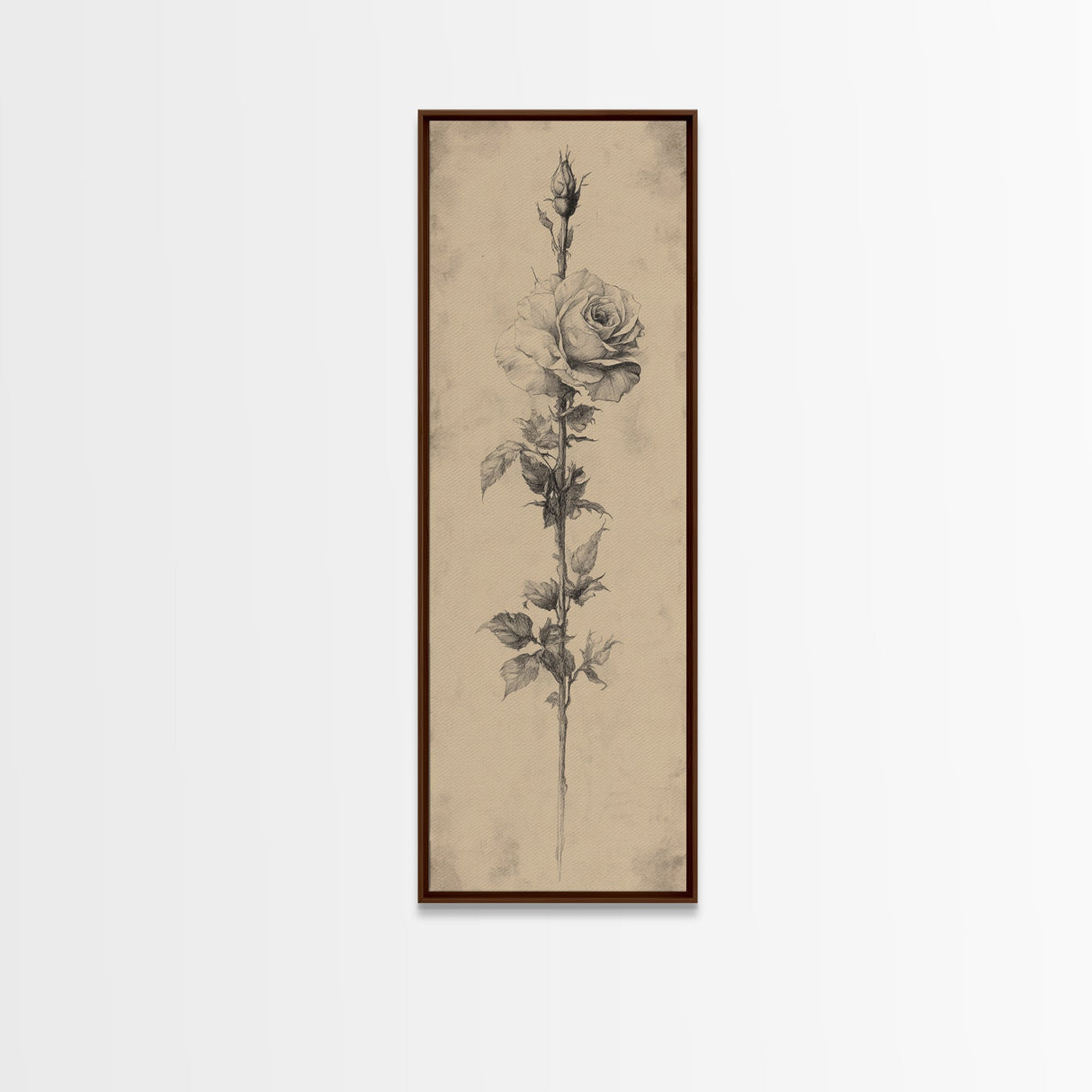 Black and White Sketch of a Rose, Framed Canvas Print, Narrow Art, Tall Skinny Art, Flower Painting, Paint of a Rose, Floral Prints