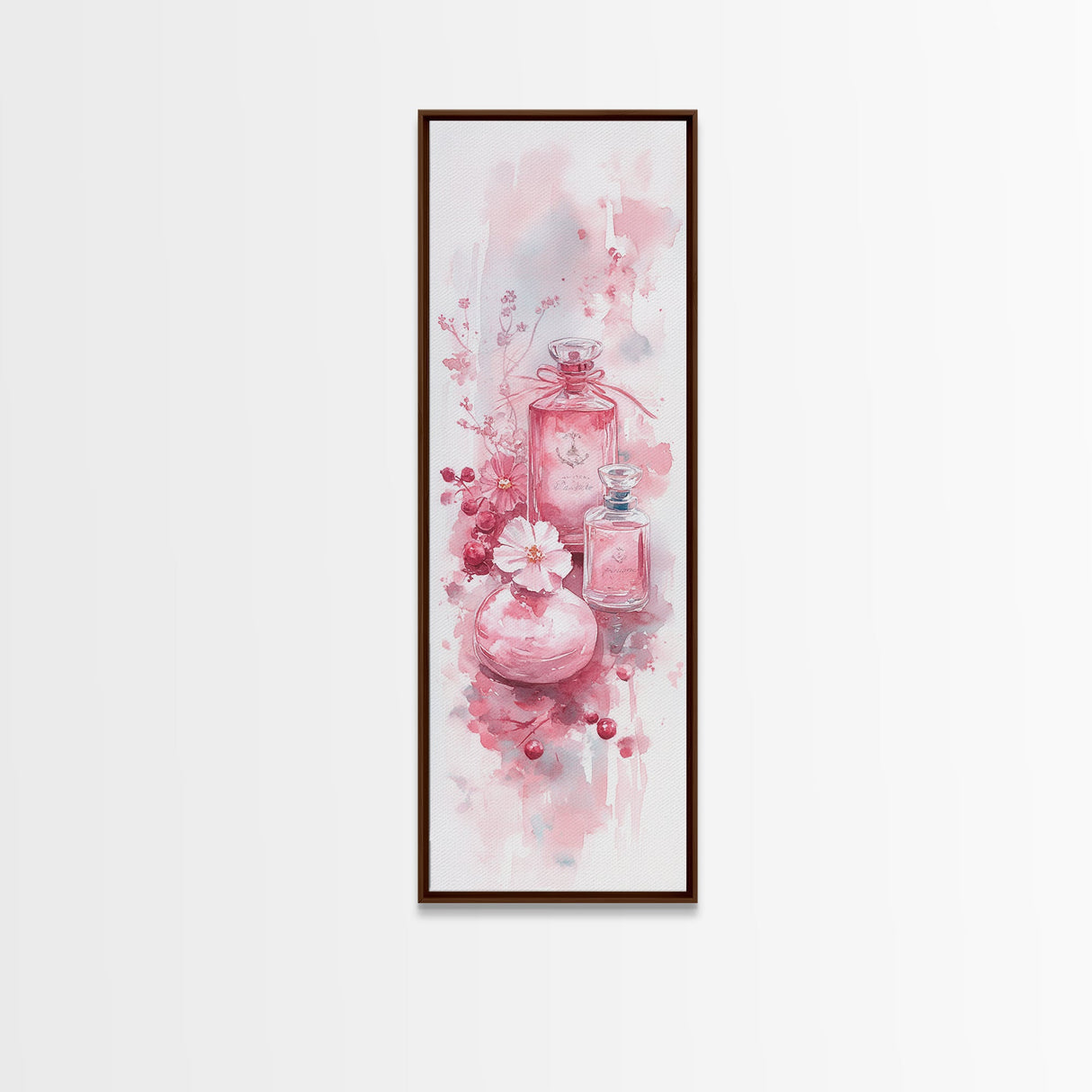 Elegant Perfume Bottles Framed Canvas Print Pink Abstract Art Wabi Sabi Decor Light Pink Bedroom Artwork Feminine Minimalist Wall Art
