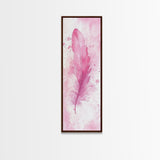 Pink Feather Artwork Framed Canvas Print, Vertical Whimsical Art Light Pink Decor, Boho Minimalist Gift Bedroom and Dorm Wall Art