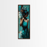 Moody Woman Framed Canvas Print in Teal, Dark Romance Painting, Moody Art, Living Room Art, Gift Idea, Vertical Wall Art