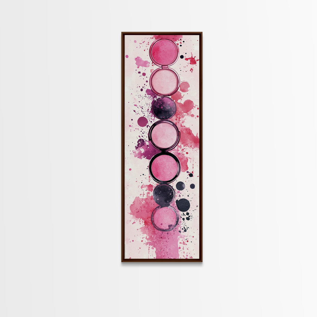 Makeup Palette Canvas Print, modern pink abstract art with splatter design, bold vertical wall art, unique wabi sabi minimalist print.