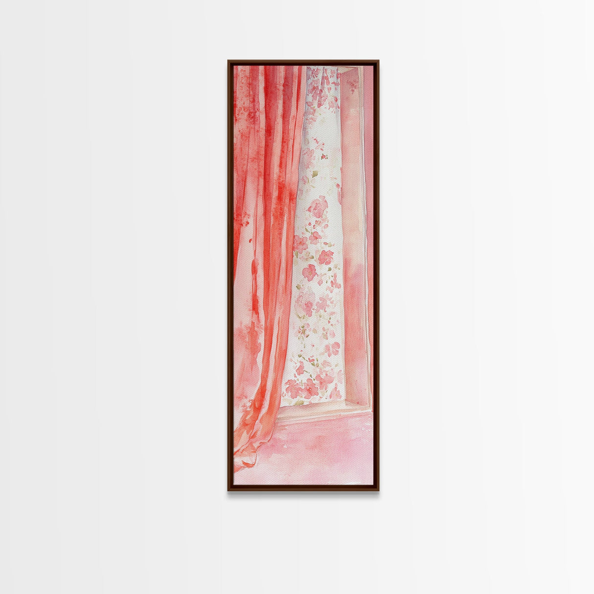 Curtain Reflection Canvas Print, soft floral vintage curtain painting with romantic pink tones, elegant tall skinny wall art for bedroom.