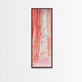 Curtain Reflection Canvas Print, soft floral vintage curtain painting with romantic pink tones, elegant tall skinny wall art for bedroom.