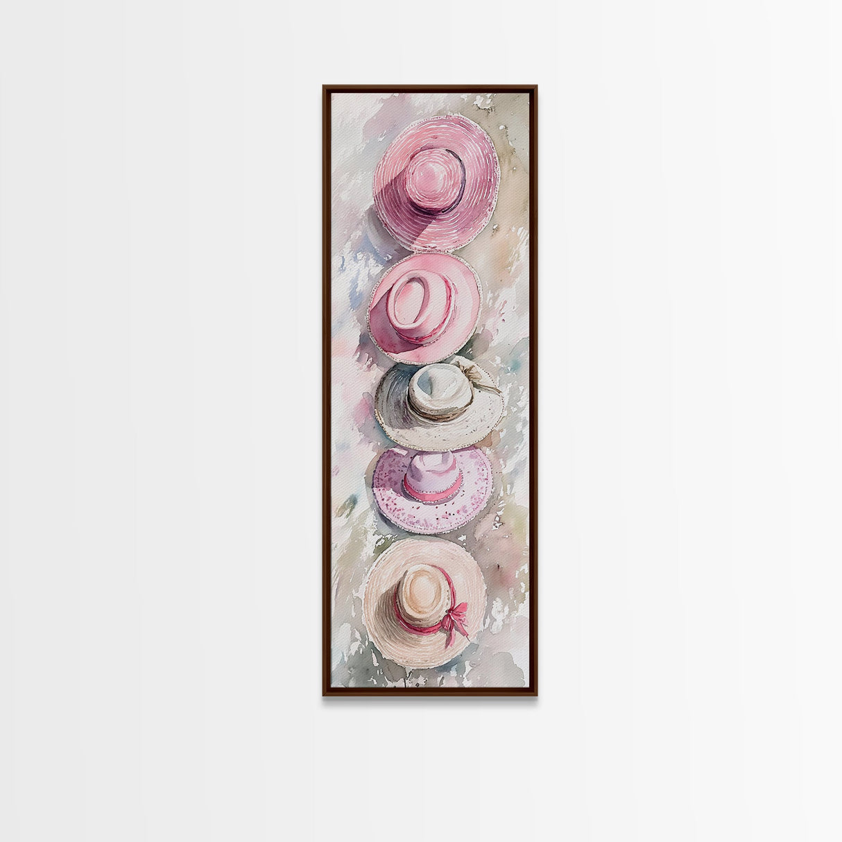 Summer Hats Canvas Print, coastal cowgirl wall art with pastel pink and beige hat patterns, rustic vertical wall art for living spaces.