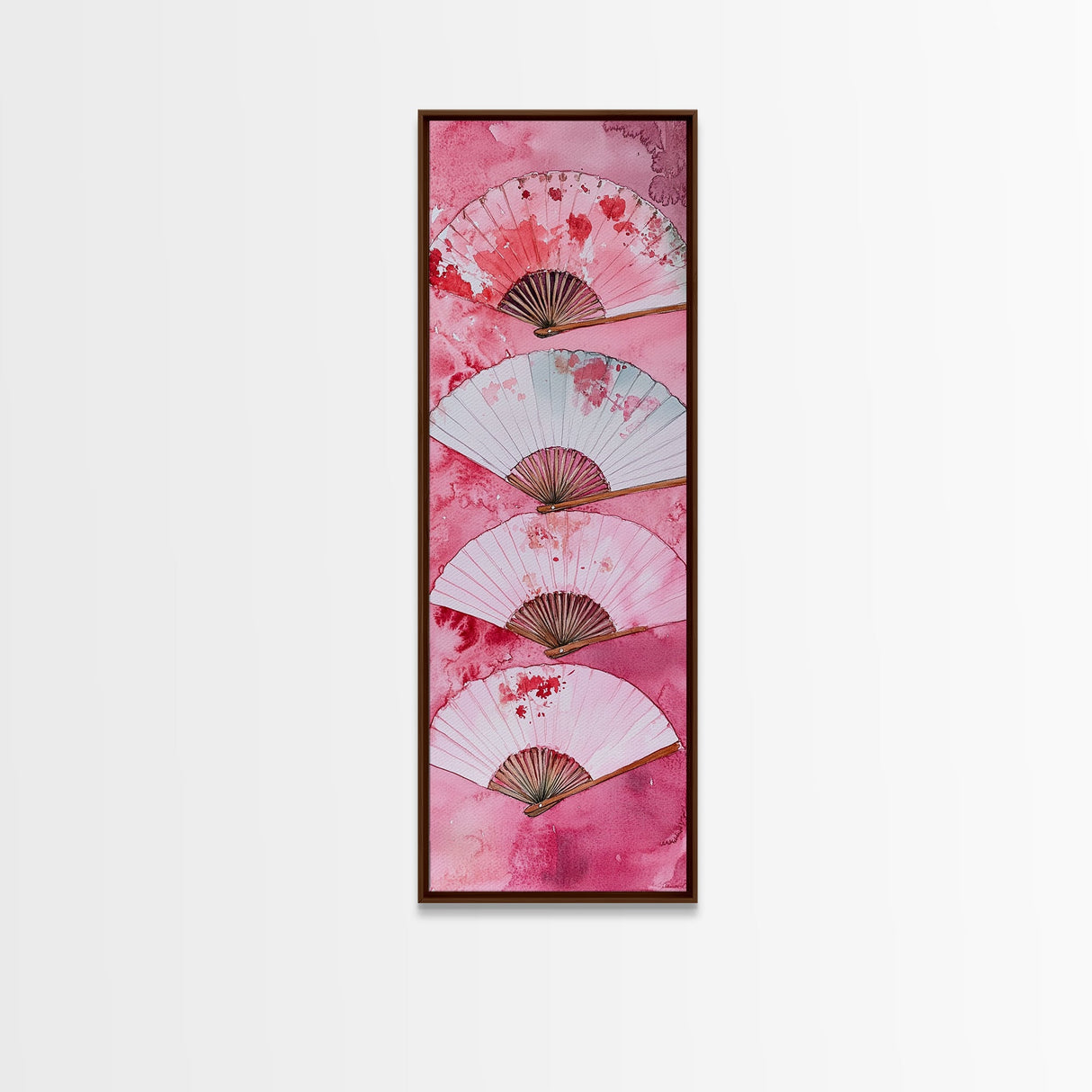 Elegant Fans Canvas Print - Chinoiserie Style Long Narrow Wall Art, Vintage-Inspired Pink Artwork, Skinny Vertical Painting