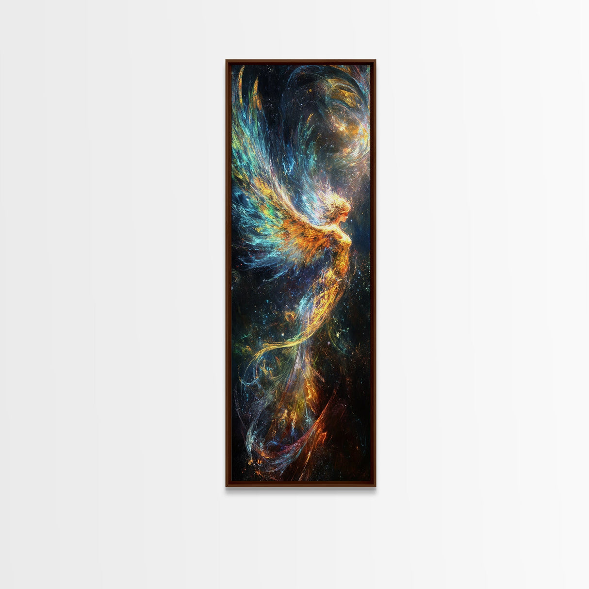 Ethereal Golden Angel Framed Canvas Print with Starlit Background, Angel Art Prints, Boho Art, Bedroom Art, Living Room Art, Vertical Wall Art