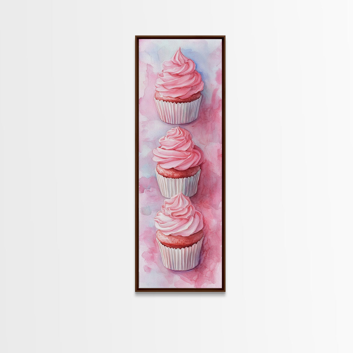 Pink Cupcake Trio Canvas Print, Whimsical Kitchen Art, Rustic Light Pink Wall Art, Food Review Vertical Artwork, Gift Idea For Her