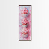 Pink Cupcake Trio Canvas Print, Whimsical Kitchen Art, Rustic Light Pink Wall Art, Food Review Vertical Artwork, Gift Idea For Her