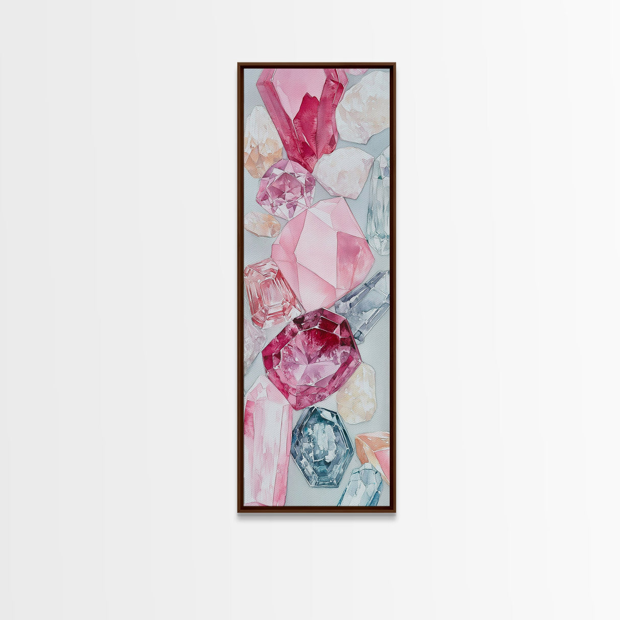 Gemstone Watercolor Painting Framed Canvas Print, Whimsical Pink Abstract Wall Art, Geometric Skinny Vertical Bedroom Art