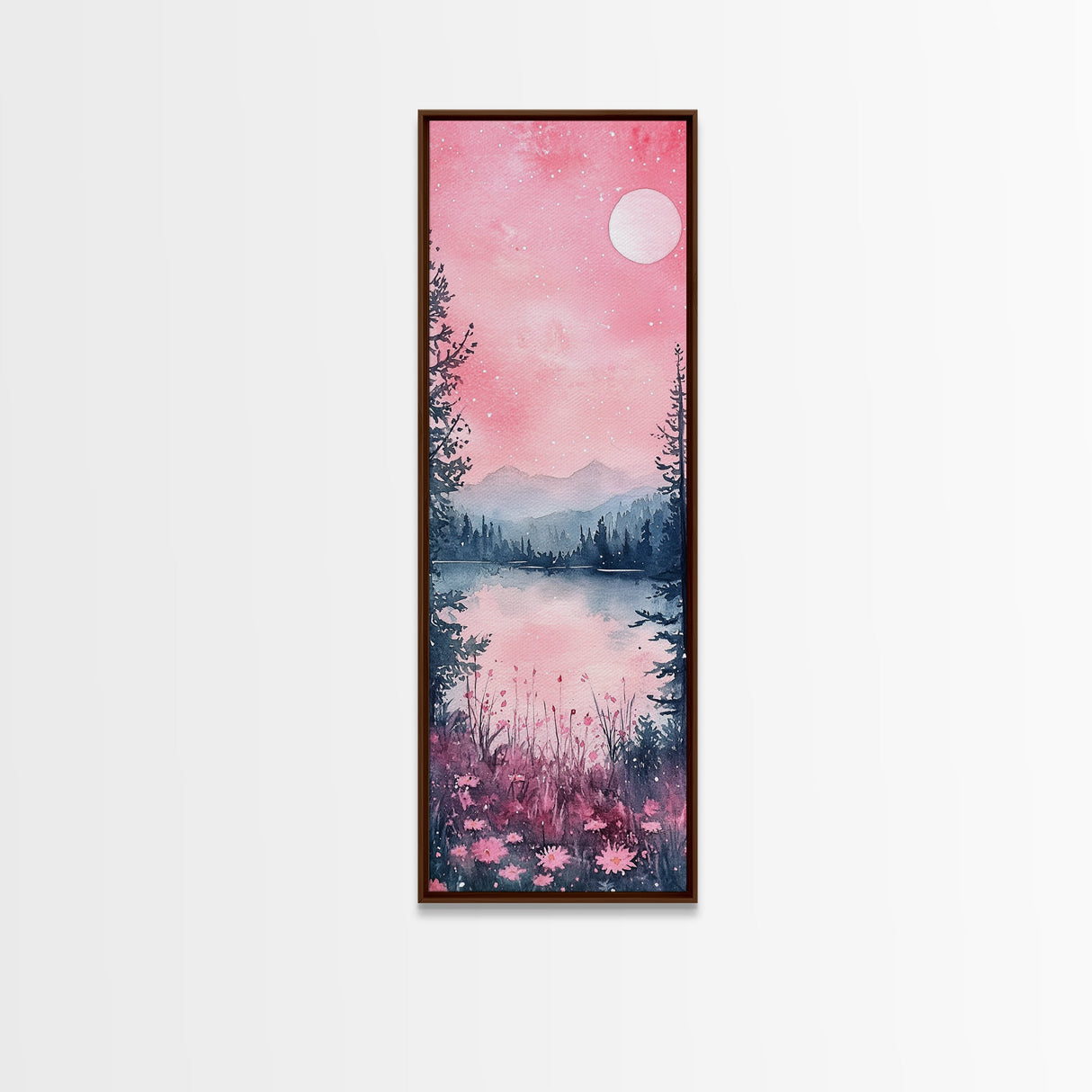Moonlit Pink Forest Canvas Print, Moody Mountain Landscape Painting, Wildflower Rustic Vertical Wall Art, Cozy Living Room Decor