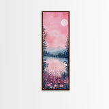 Moonlit Pink Forest Canvas Print, Moody Mountain Landscape Painting, Wildflower Rustic Vertical Wall Art, Cozy Living Room Decor