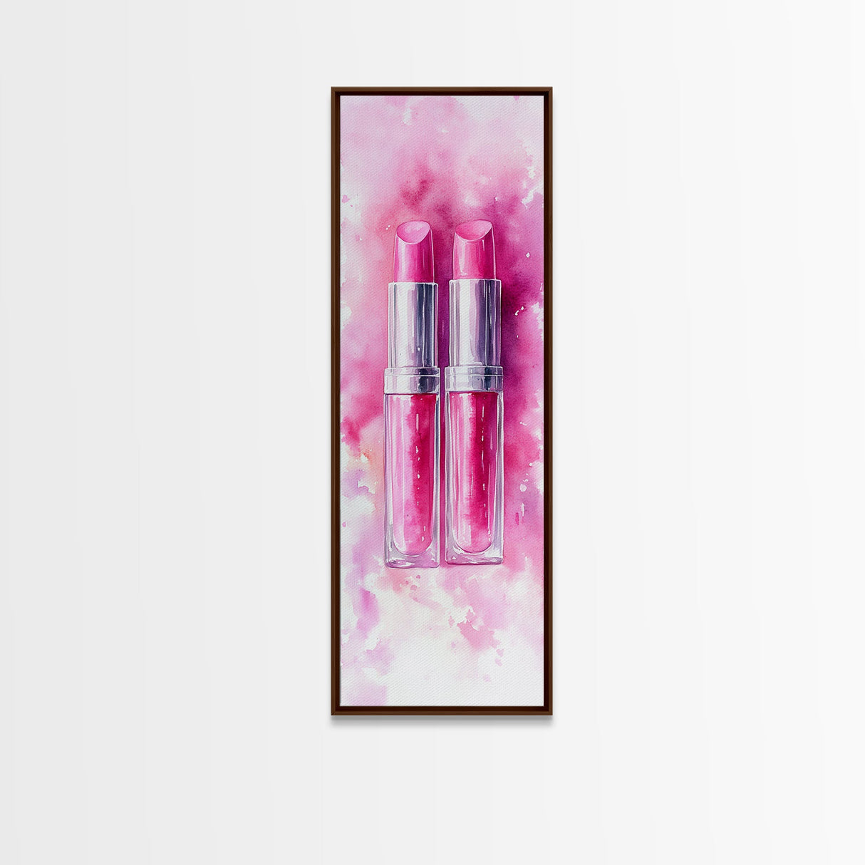 Pink Lipstick Duo Canvas Print, Whimsical Minimalist Vertical Wall Art, Light Pink Cosmetic Art, Gift Idea, Bedroom Skinny Artwork