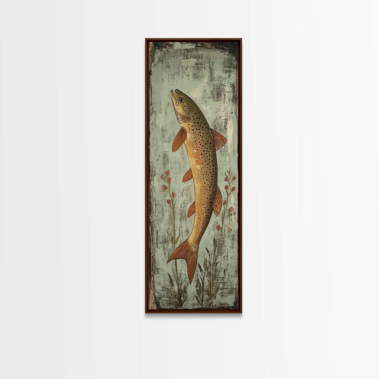 Trout Art Rustic Framed Canvas Print Skinny Vertical Art Fly Fishing Art Rustic Decor Tall Narrow Art Guest Room Wall Decor