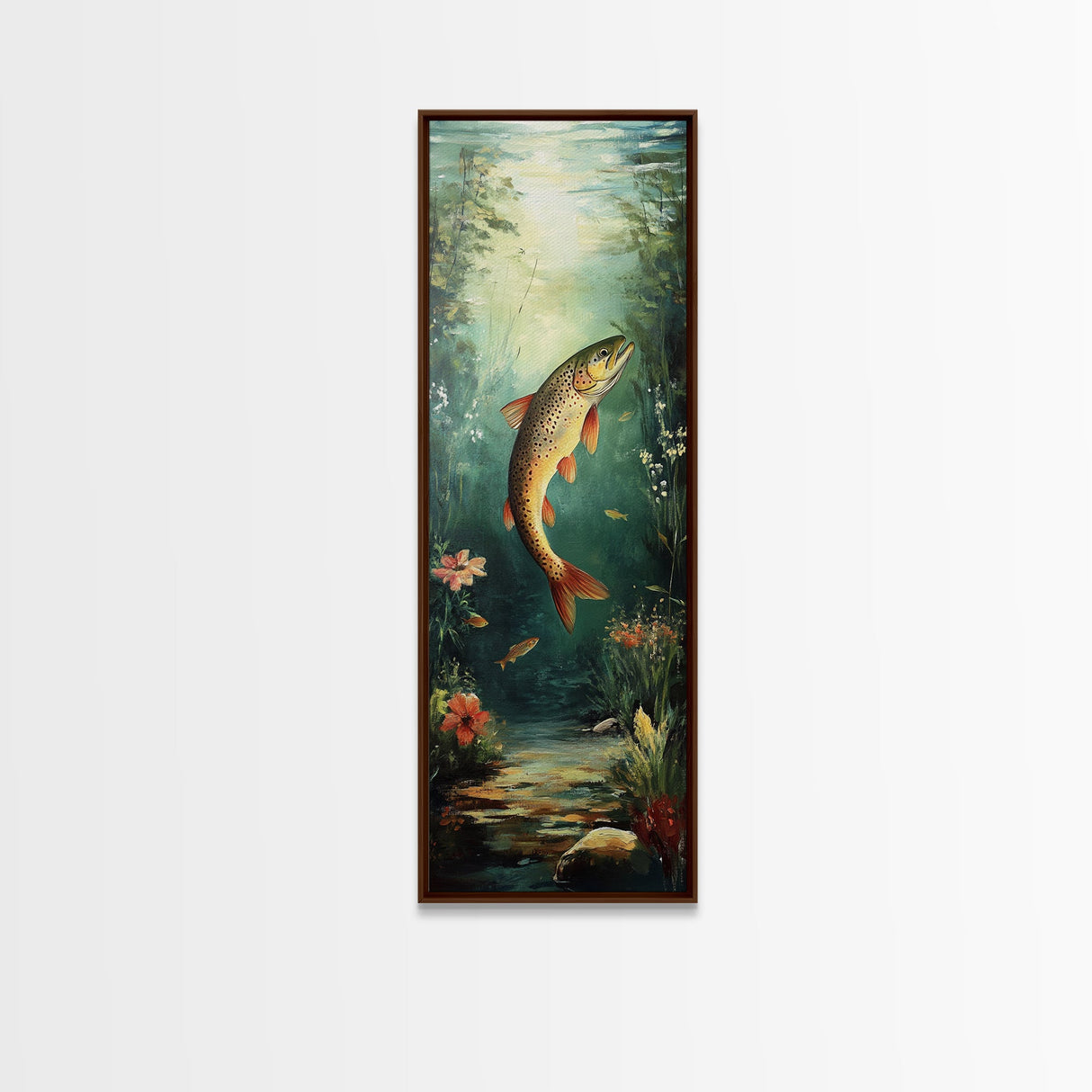Underwater Trout Scene Canvas Print Rustic Wall Art Fly Fishing Art Wildflower Painting Skinny Art Vertical Rustic Decor