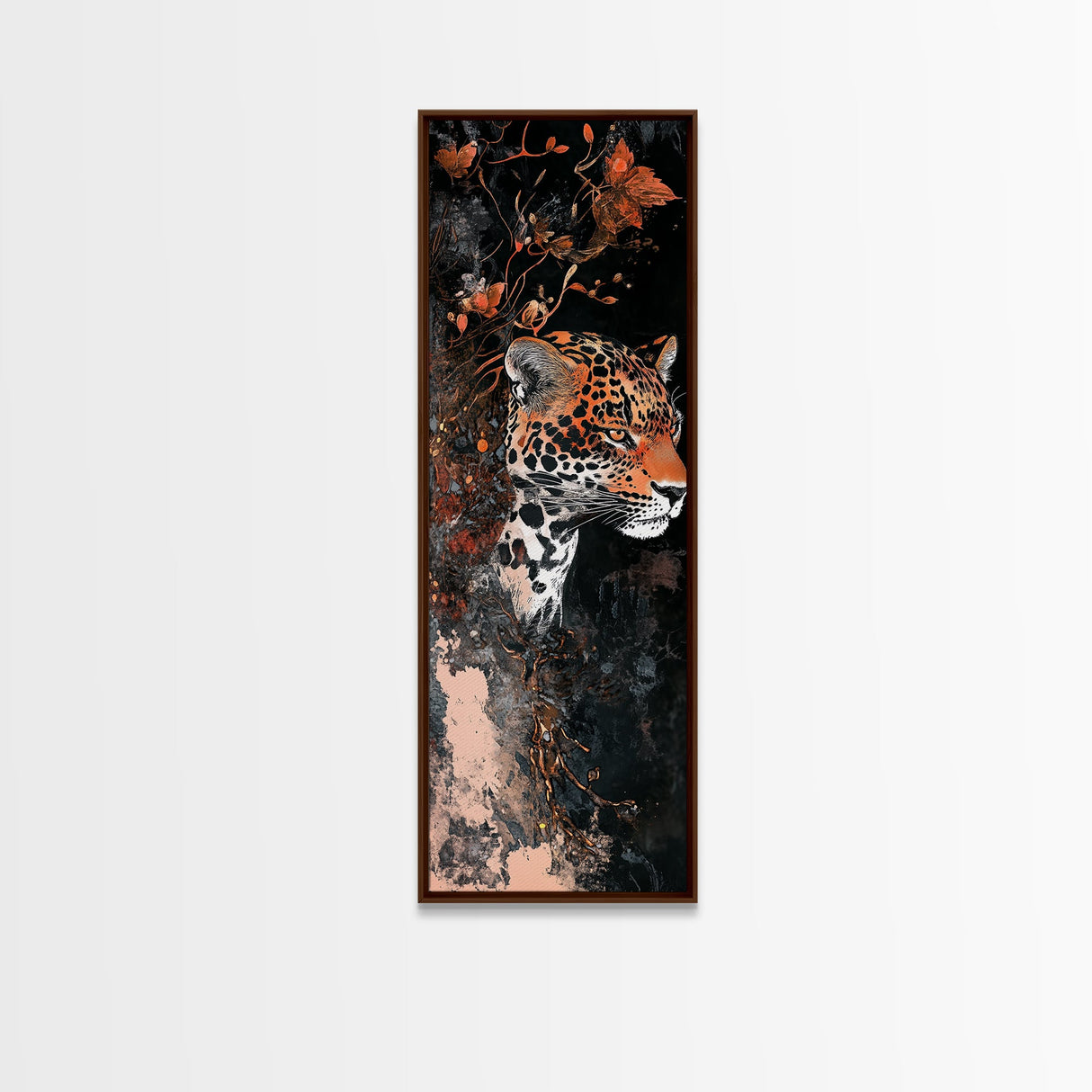 Floral and Leopard Canvas Print with Moody Art Style, Unique Animal Wall Art and Vertical Skinny Art Living Room Decor