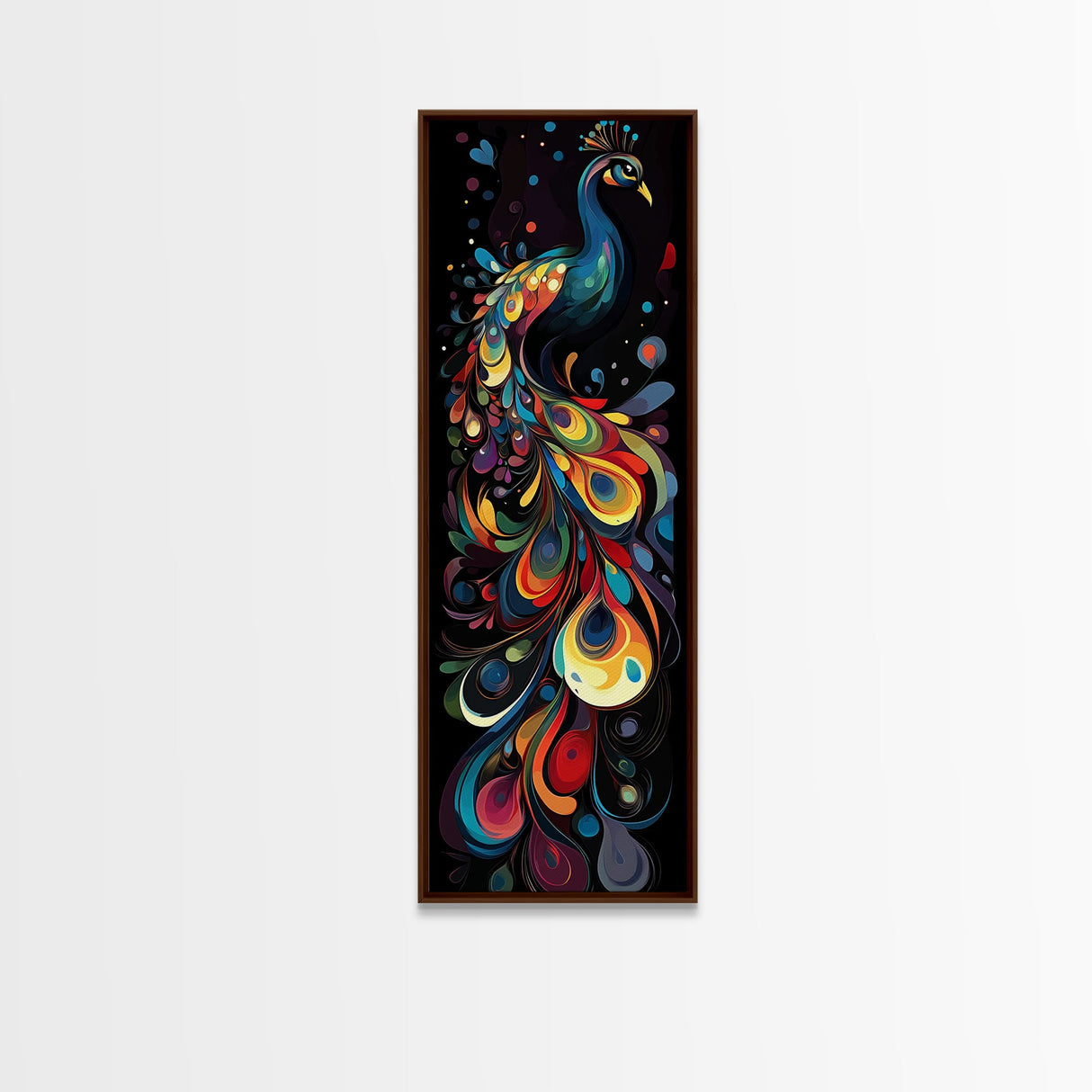 Dynamic Peacock Framed Canvas Print with Swirling Colors, Vibrant Bird Art Perfect Vertical Wall Art and Boho Home Decor Accent