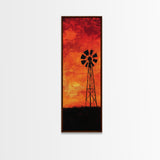 Rustic Windmill Framed Canvas Print, Southwest Farmhouse Decor, Moody Sunset Landscape Wall Art, Vertical Artwork for Bedroom