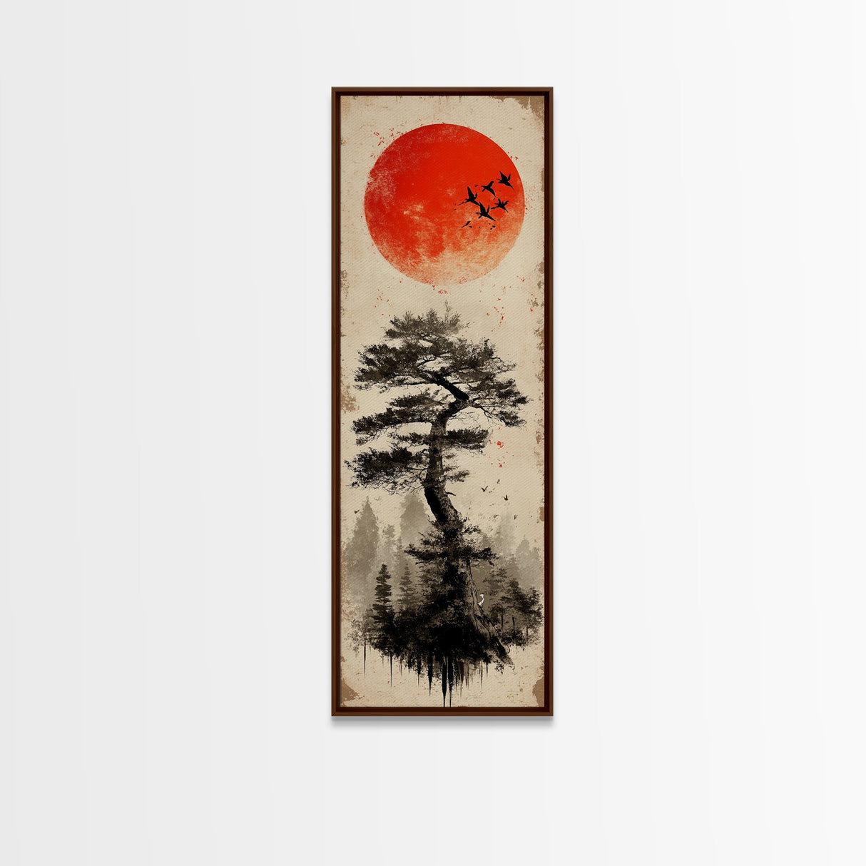 Bold Red Sun Pine Tree Framed Canvas Print Japanese Inspired Minimalist Wall Art Rustic Zen Decor Unique Vertical Nature Artwork