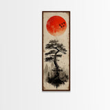 Bold Red Sun Pine Tree Framed Canvas Print Japanese Inspired Minimalist Wall Art Rustic Zen Decor Unique Vertical Nature Artwork