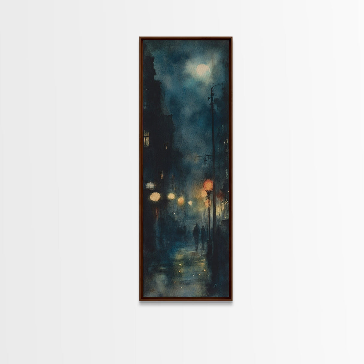 Moody Night Street Scene Framed Canvas Print | Vertical Wall Art | Moody Art | Living Room Art | Gift Idea Him | Urban Nightscape