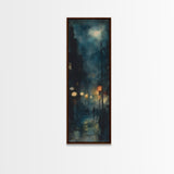 Moody Night Street Scene Framed Canvas Print | Vertical Wall Art | Moody Art | Living Room Art | Gift Idea Him | Urban Nightscape