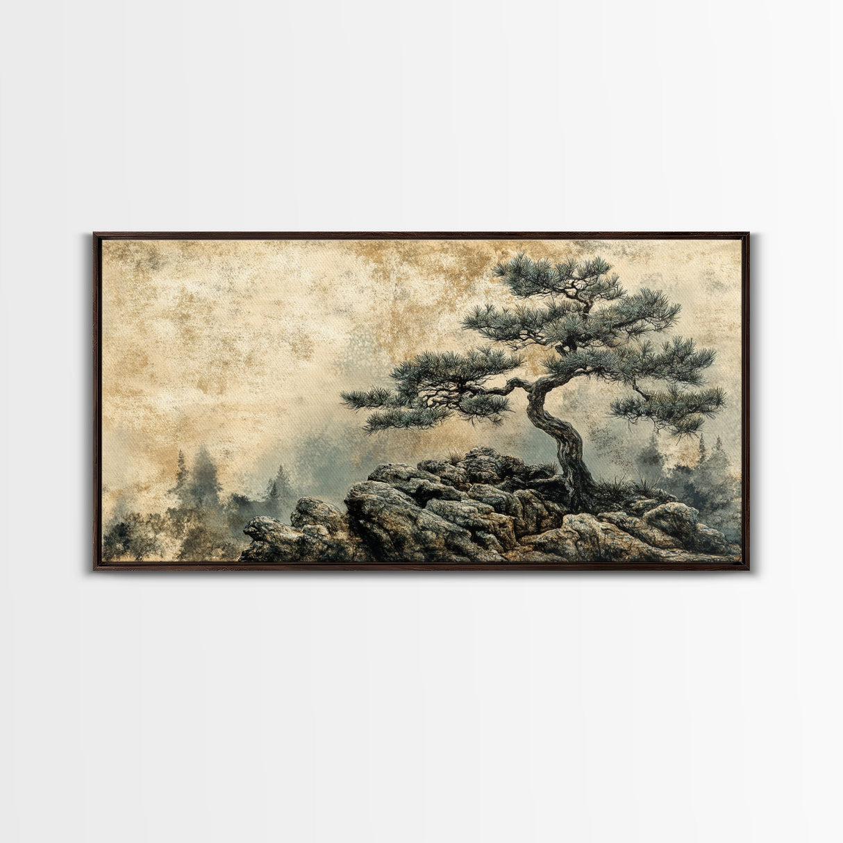 Pine Tree on Rocks Canvas Print Rustic Wall Art Wabi Sabi Minimalist Artwork Zen Art Bedroom Decor Horizontal Landscape Painting